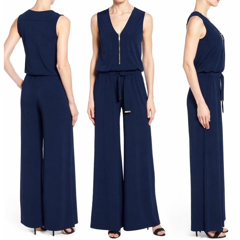Michael Kors Navy Wide Leg‎ Jumpsuit Gold Zip Belted Sleeveless P/S